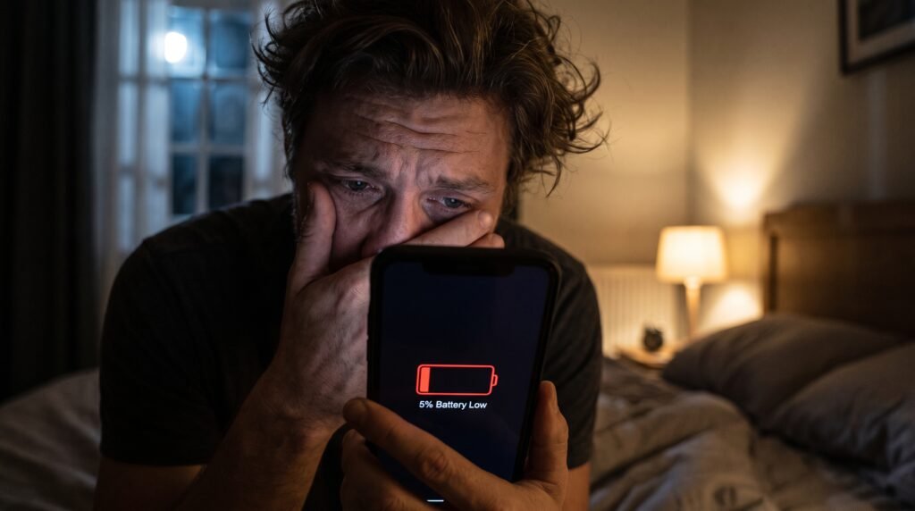 Usuário frustrado segurando o celular descaregando rapido
