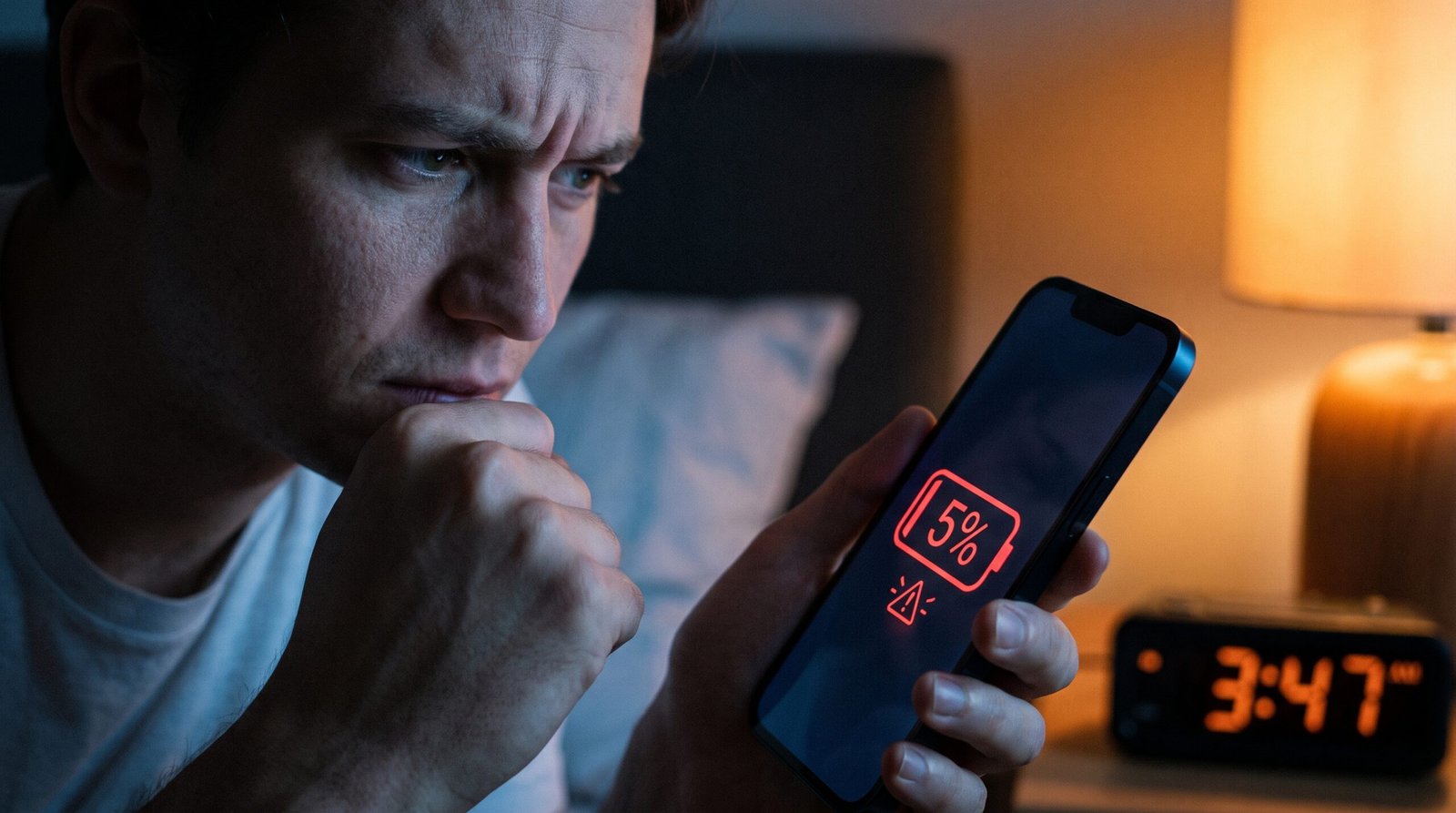 Usuário frustrado segurando o celular no escuro mostrando alerta de bateria fraca de 5%.