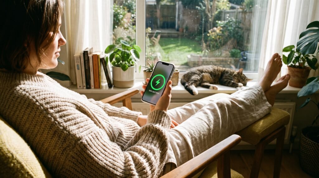 Usuário satisfeito segurando celular com a tela mostrando o ícone de bateria totalmente carregada em 100%.
