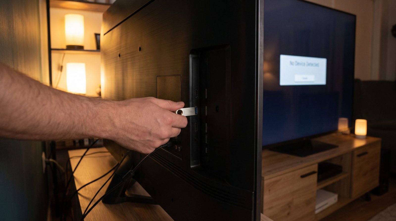 Usuário segurando um pendrive atrás da Smart TV que exibe uma mensagem de falha ao detectar o dispositivo.