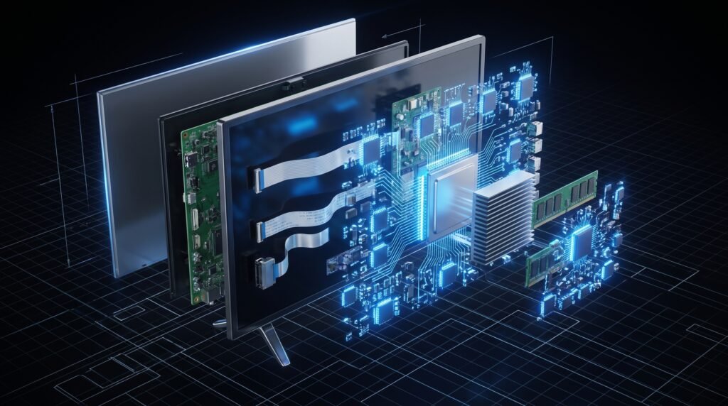 Visão 3D interna de uma Smart TV mostrando processadores e memória de computador.