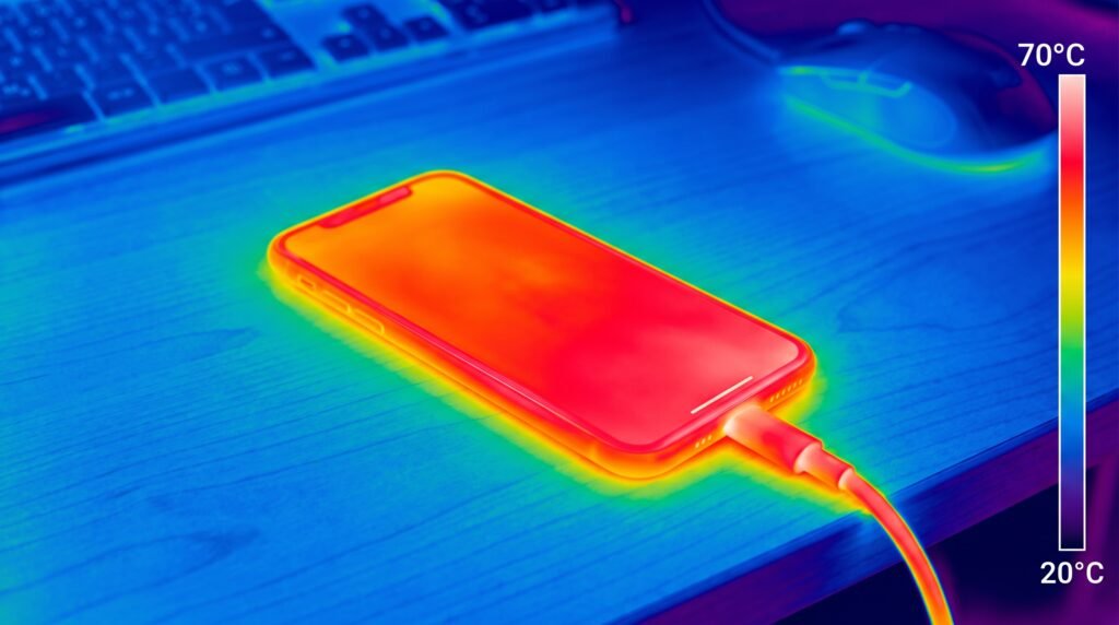 Visão de câmera térmica mostrando um celular superaquecido vermelho enquanto é carregado.
