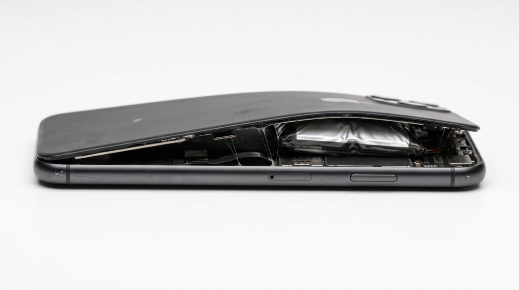 Visão lateral de um smartphone com a tampa traseira estufada e descolada, demonstrando o perigo de uma bateria inchada.