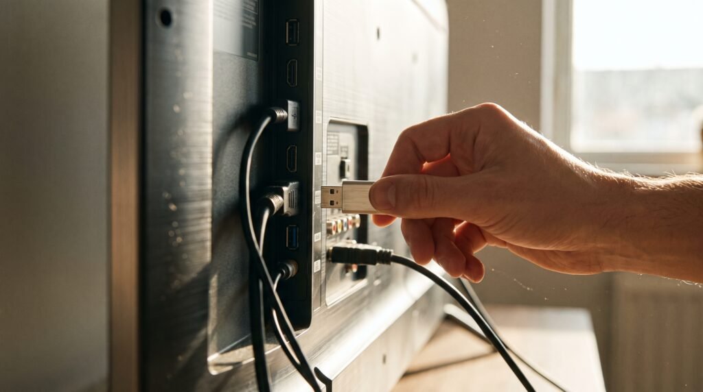 pendrive atrás da Smart TV que exibe uma mensagem de falha ao detectar