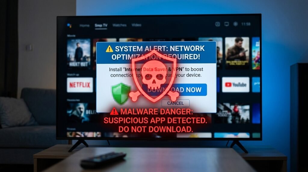 Alerta cibernético de perigo contra baixar aplicativos falsos de economia de dados na TV que contêm malwares perigosos.