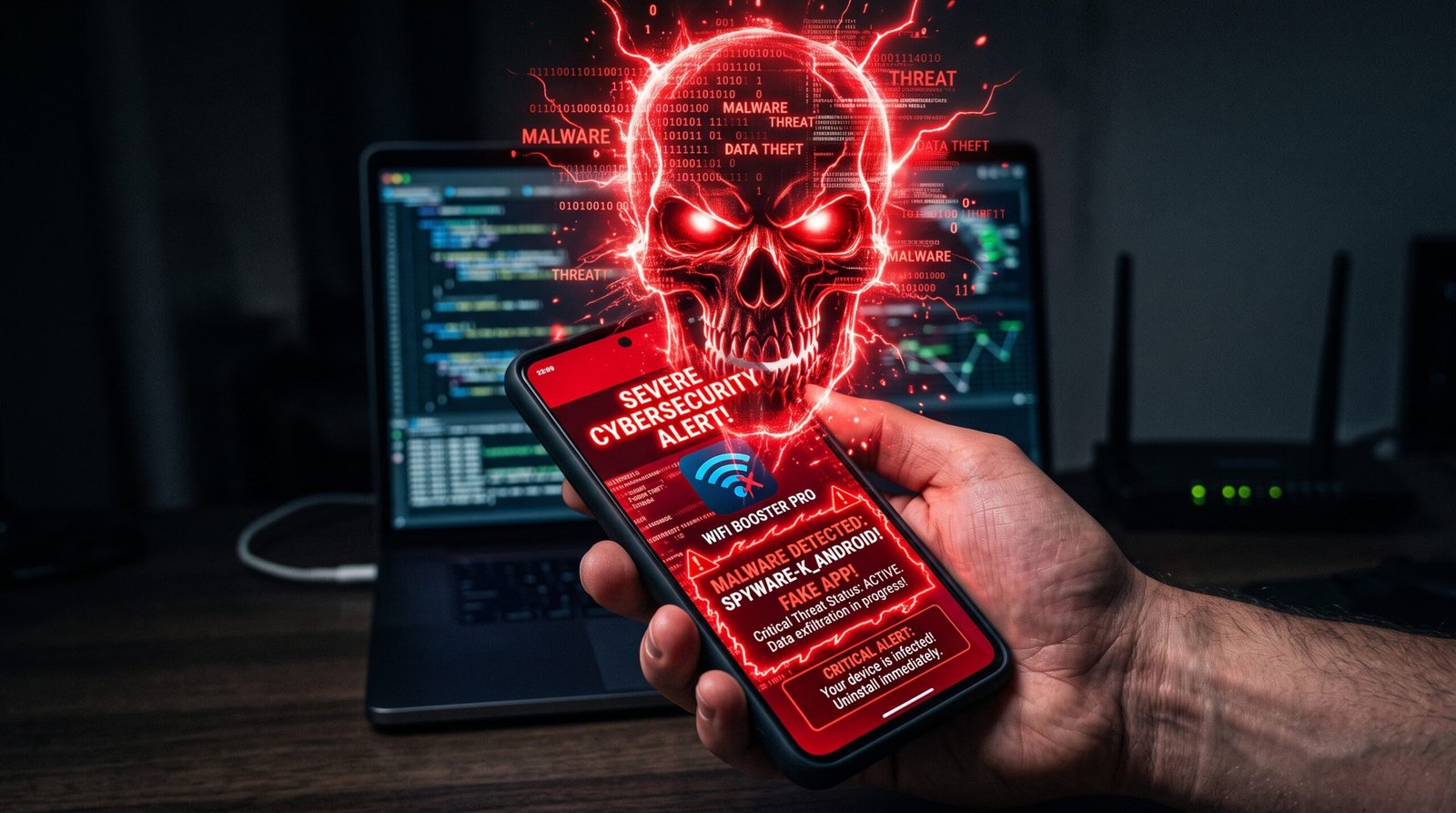 Alerta severo de segurança cibernética exibindo uma caveira vermelha luminosa sobre um celular com falso aplicativo de aumentar Wi-Fi que carrega malwares.