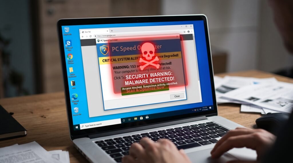 Alerta visual de cibersegurança e perigo sobre os riscos de usar programas falsos de otimização de PC que contêm vírus.