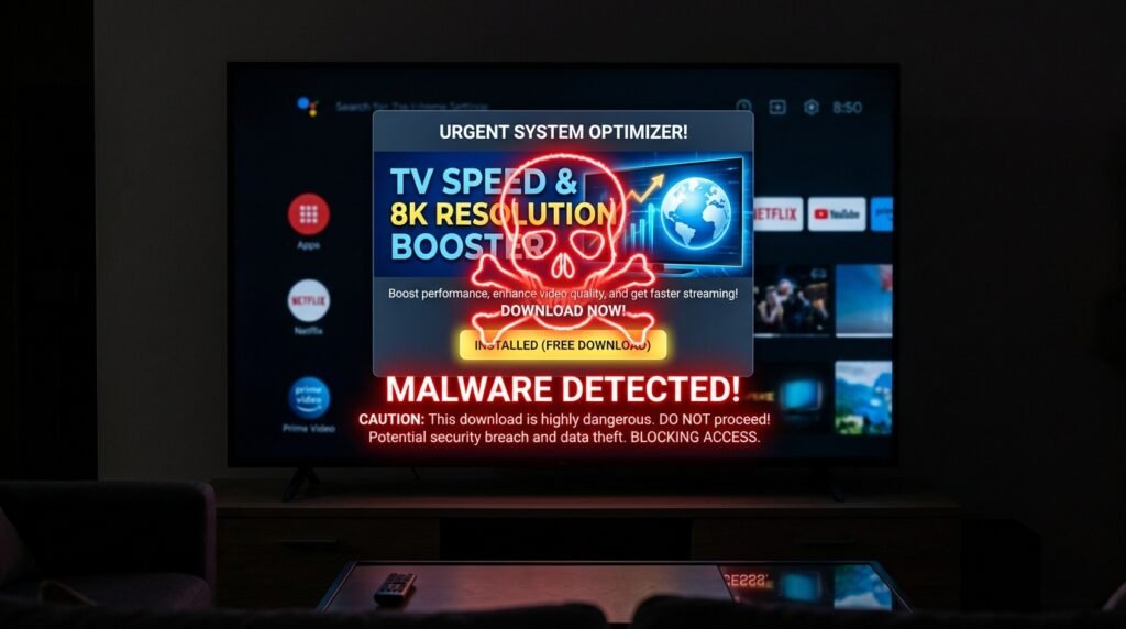 Alerta visual de cibersegurança sobre os perigos extremos de baixar softwares falsos de otimização de TV contendo malwares.