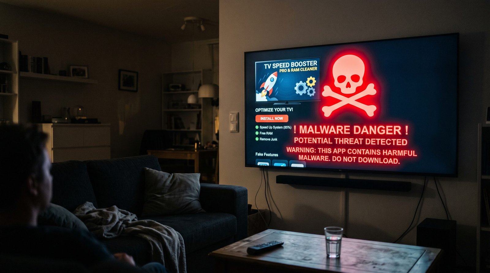 Alerta visual de perigo cibernético advertindo sobre o imenso risco de baixar aplicativos piratas otimizadores na TV que contêm malware.