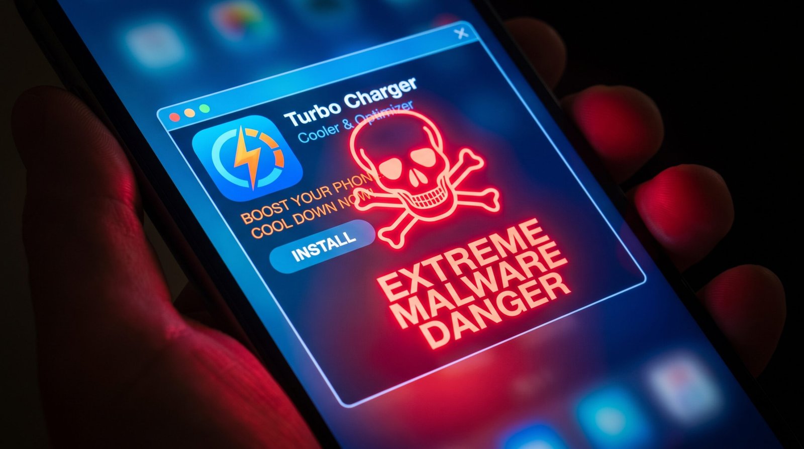 Alerta visual de perigo cibernético alertando sobre o risco grave de instalar falsos aplicativos de resfriamento que contêm malwares.