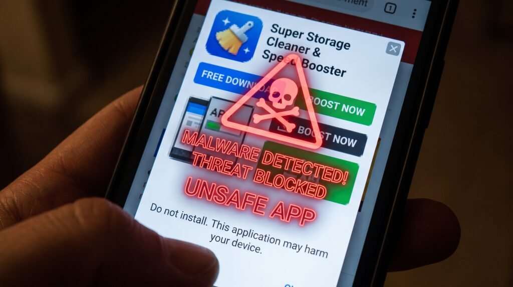 Alerta visual de perigo cibernético sobre baixar falsos aplicativos limpadores de celular que contêm vírus e spywares.