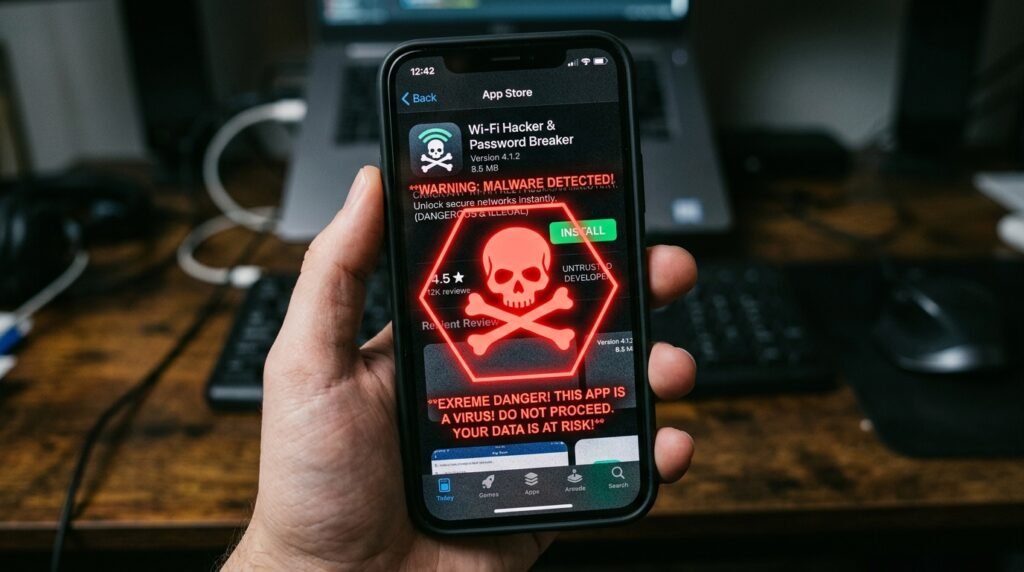 Alerta visual de perigo cibernético sobre o grave risco de baixar falsos aplicativos de hackear Wi-Fi que contêm malwares e spywares.