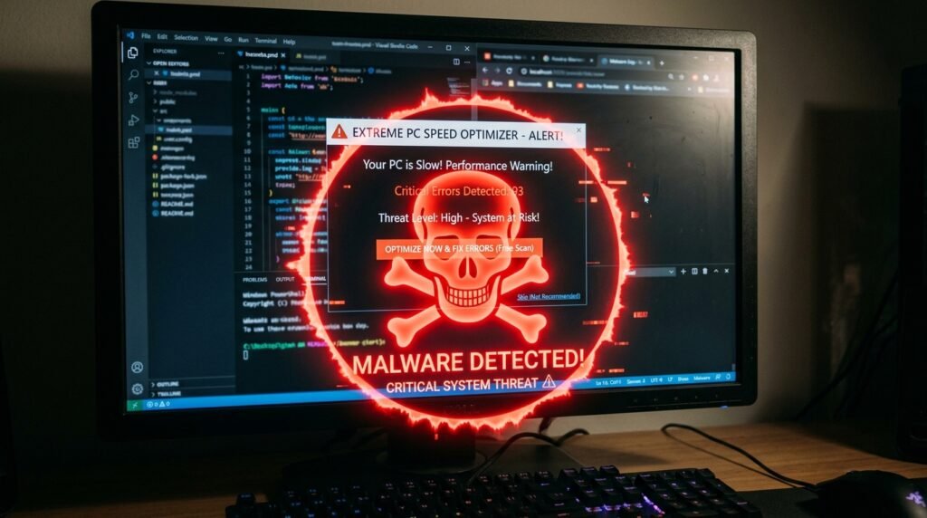 Alerta visual de perigo cibernético sobre o uso de programas enganosos de otimização de PC que contêm spywares e malwares.