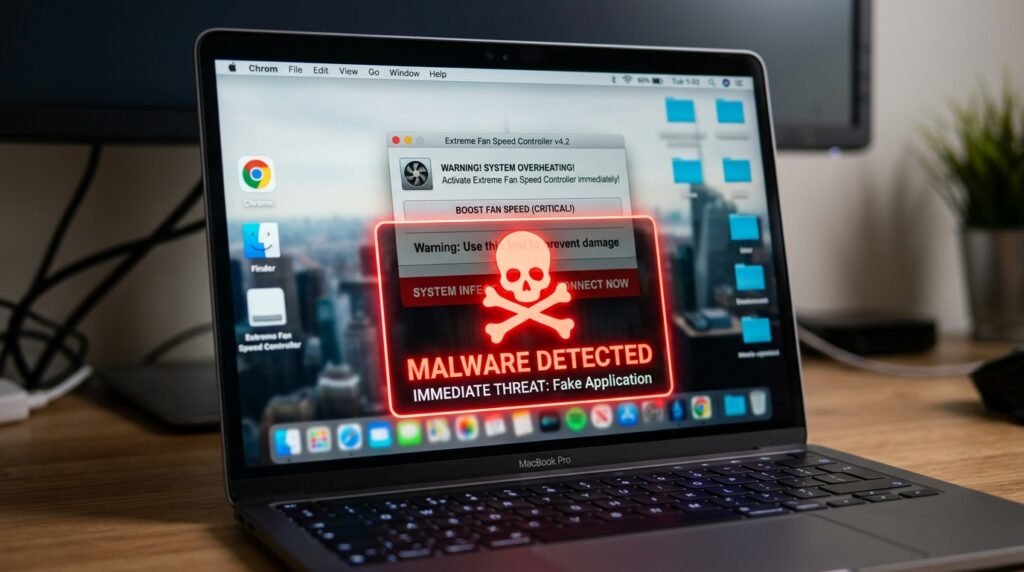 Alerta visual de perigo cibernético sobre softwares falsos de controlar ventoinha que instalam vírus e spywares.