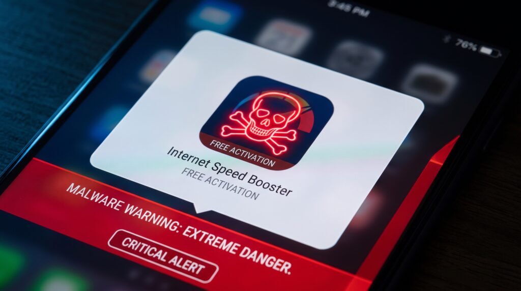 Alerta visual de perigo sobre baixar falsos aplicativos aceleradores de internet que contêm vírus e spywares.