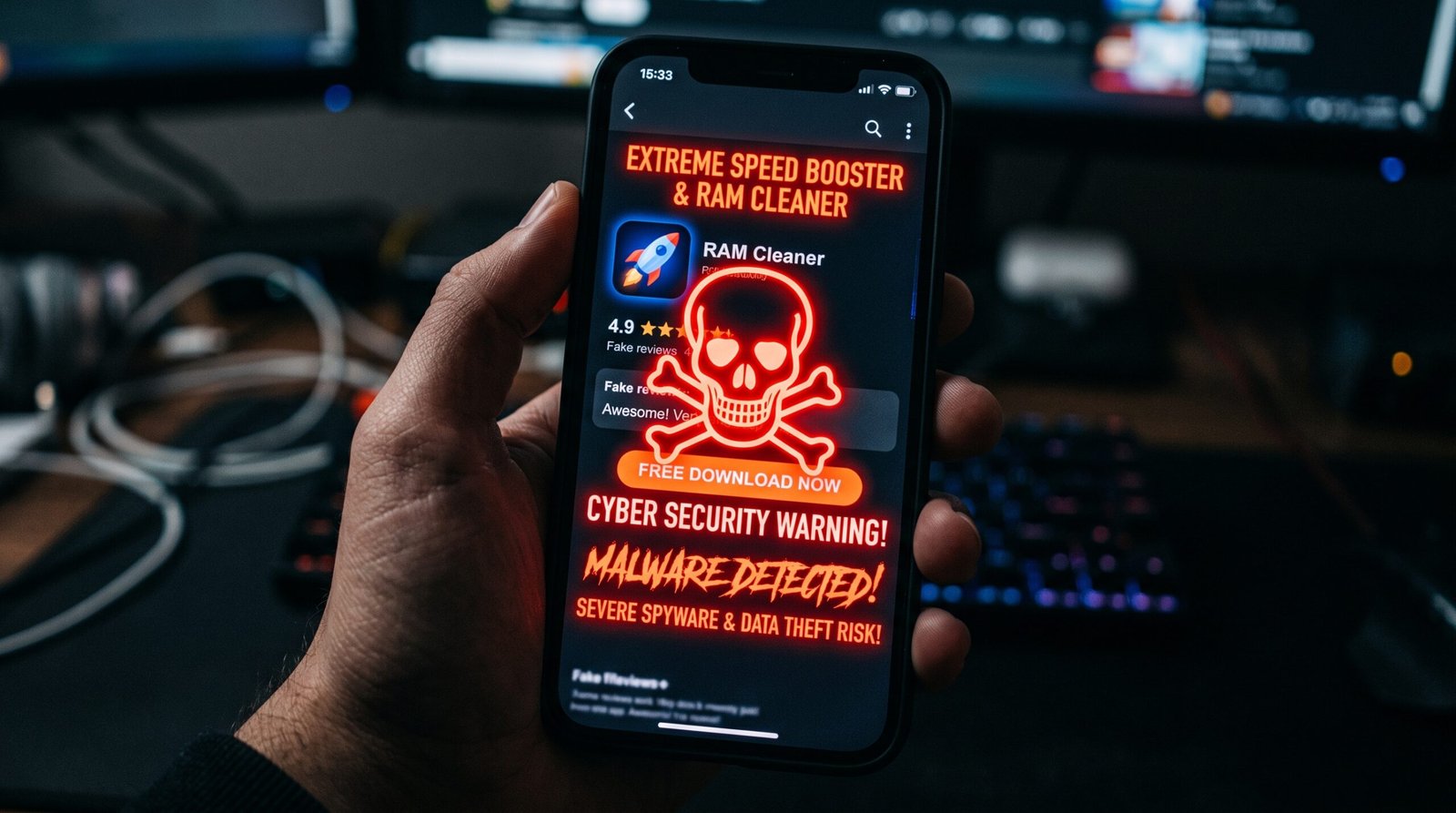 Alerta visual de segurança cibernética advertindo sobre o imenso perigo de baixar aplicativos falsos de otimização de velocidade que contêm malware.