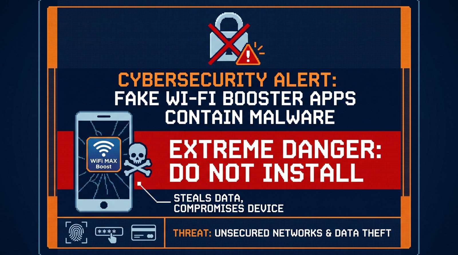 Alerta visual de segurança cibernética advertindo sobre os perigos extremos de instalar aplicativos falsos de acelerar Wi-Fi contendo malwares.