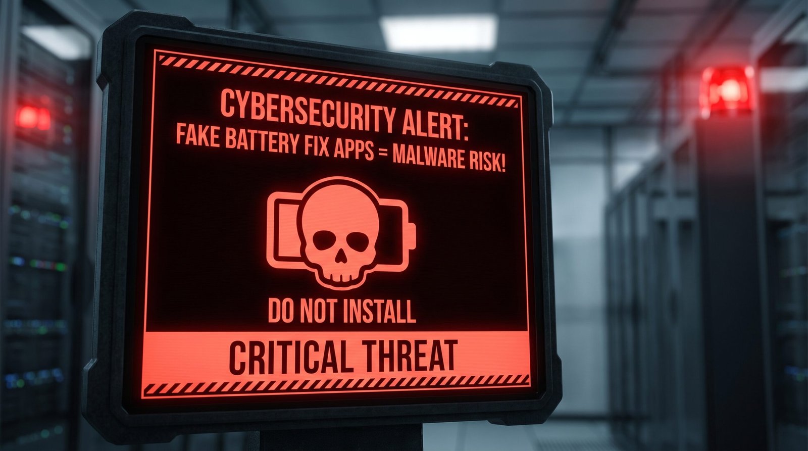 Alerta visual de segurança cibernética agressivo advertindo sobre o grave risco de instalar falsos aplicativos que prometem consertar a bateria e apenas instalam malwares.