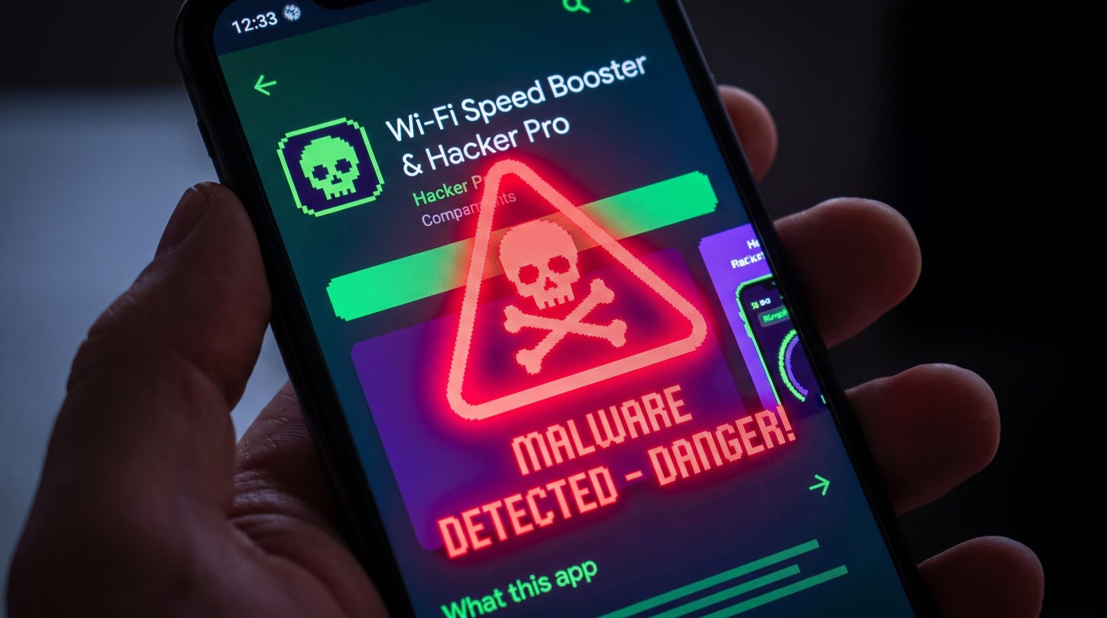 Alerta visual de segurança cibernética contra o risco de instalar falsos aplicativos de acelerar Wi-Fi que instalam malwares perigosos.