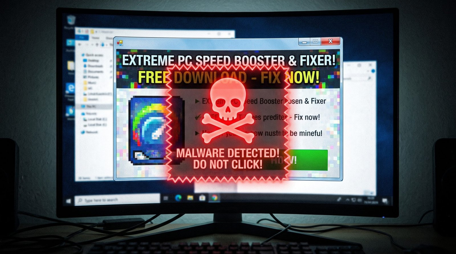 Alerta visual de segurança cibernética contra o risco de instalar falsos programas de acelerar o computador que escondem malwares.