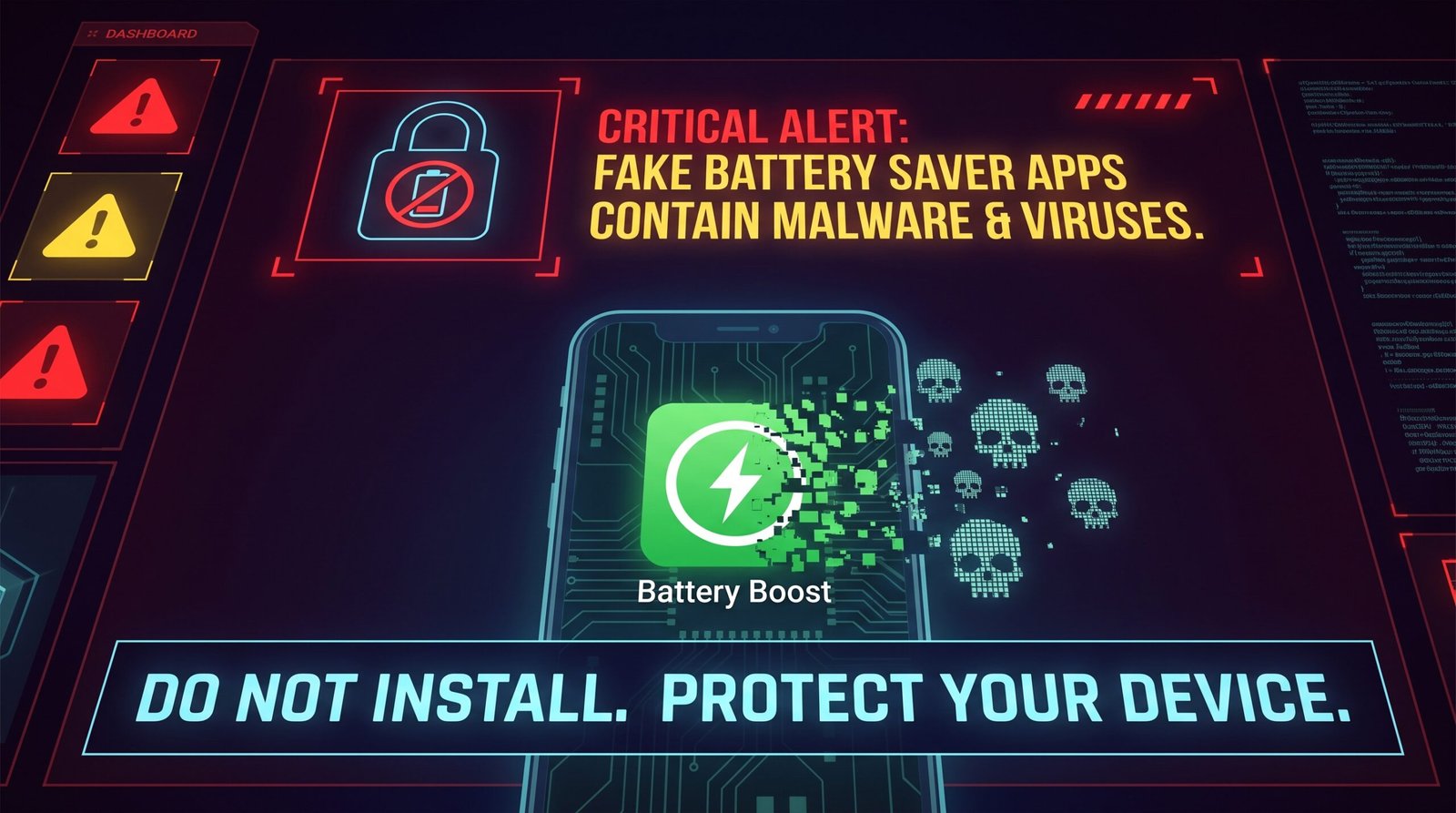 Alerta visual de segurança cibernética severo advertindo contra os perigos de instalar falsos aplicativos de economizar bateria que carregam malwares e vírus.