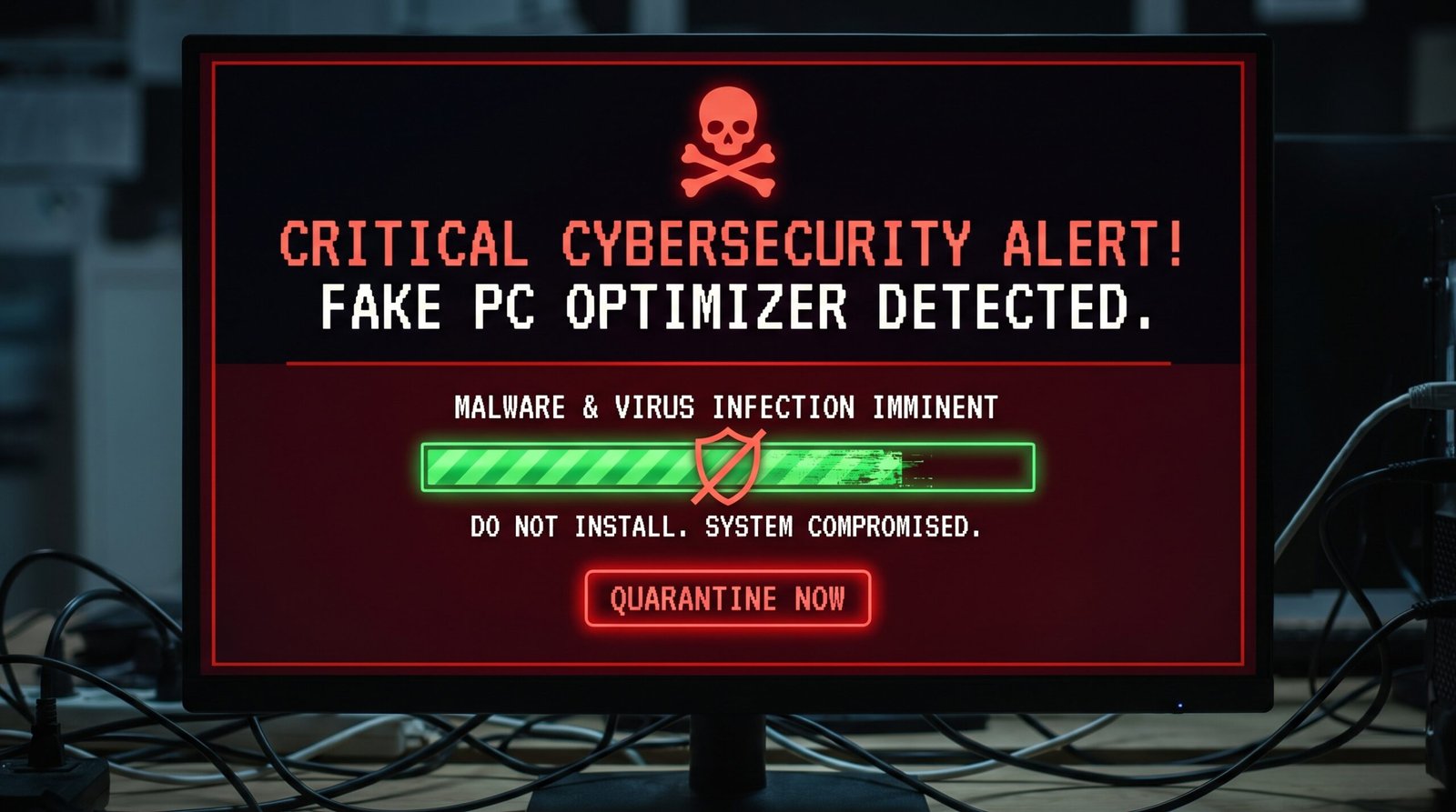 Alerta visual de segurança cibernética severo contra os perigos de instalar falsos programas otimizadores de PC que carregam malwares e vírus.