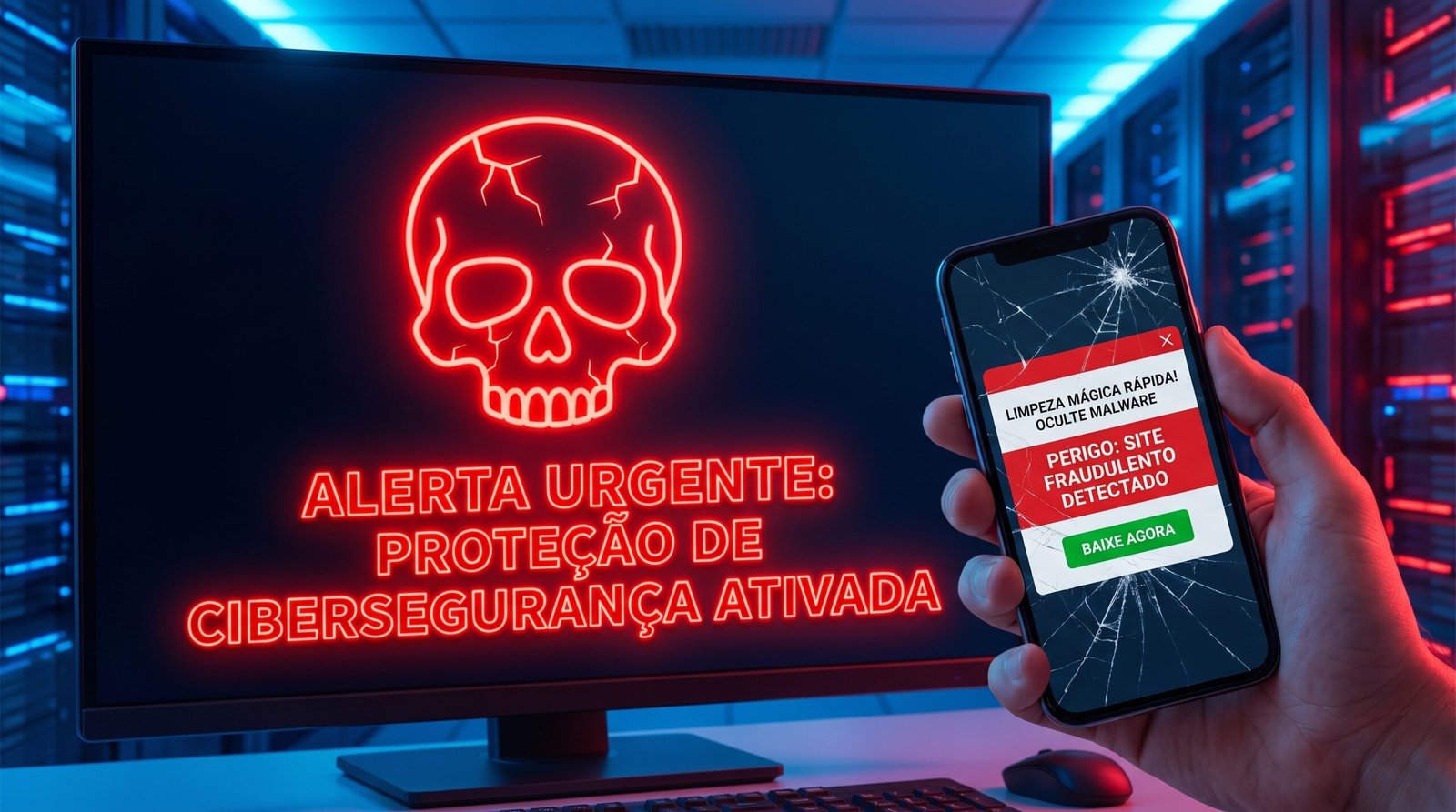 Alerta visual vigoroso abordando a proteção implacável de cibersegurança do usuário