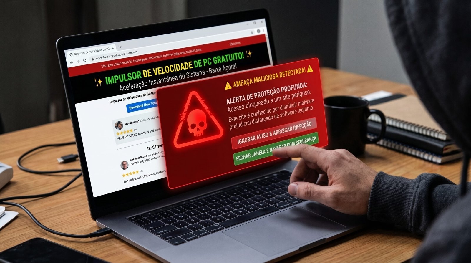 Alerta visual vigoroso abordando a proteção profunda da cibersegurança do usuário final