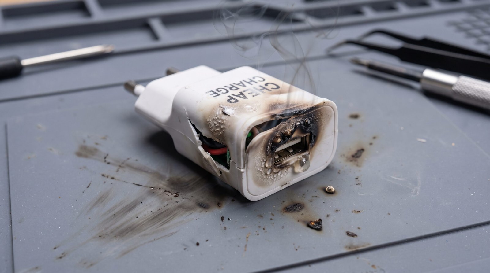 Carregador de celular falsificado derretido e danificado pelo calor extremo após um curto-circuito perigoso na tomada.