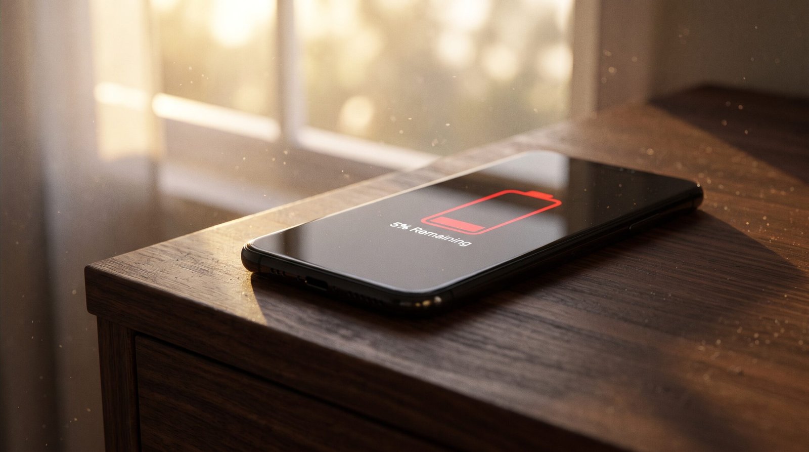 Celular moderno em cima da mesa com a tela acesa mostrando um alerta vermelho de bateria fraca em 5%.