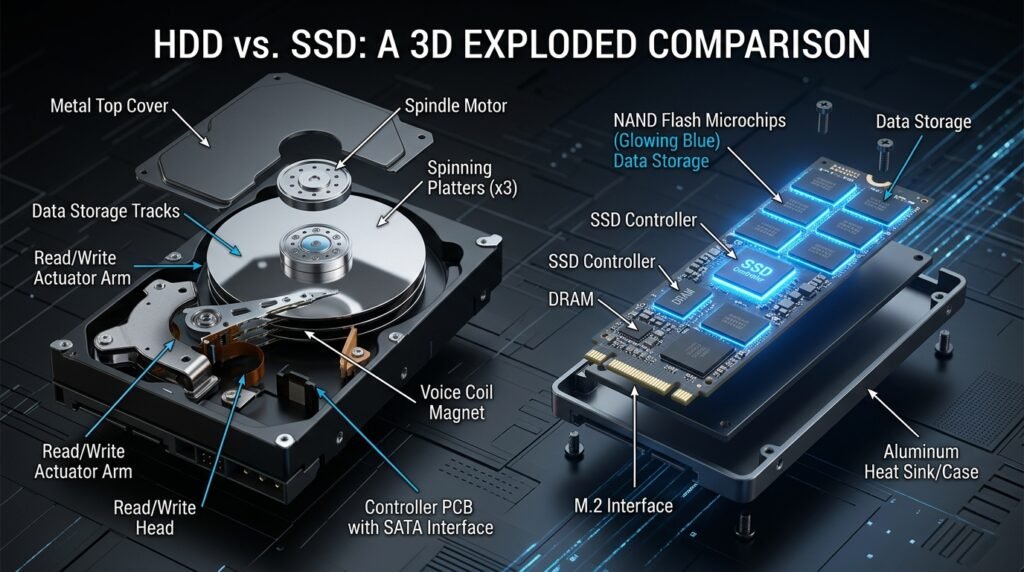 Comparação visual 3D entre um HD mecânico antigo que faz barulho e um SSD silencioso e moderno.