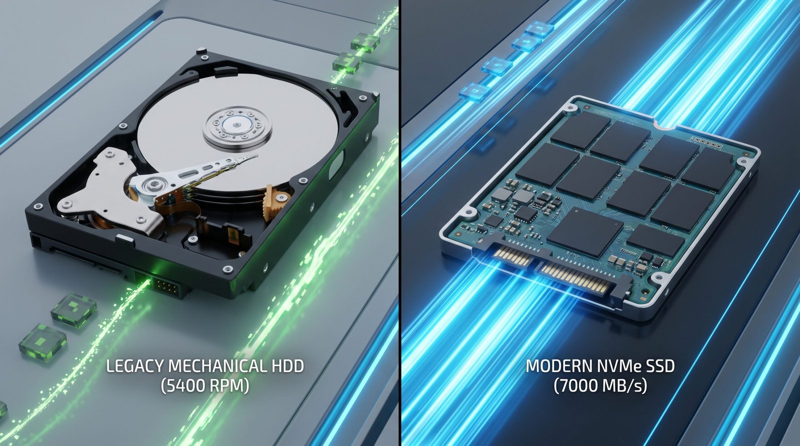 Comparação visual 3D entre um antigo e lento HD mecânico de computador e um moderno e rápido SSD em estado sólido.
