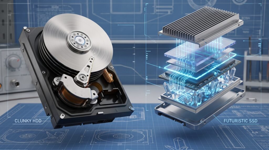 Comparativo 3D entre um HD mecânico antigo com disco de metal e um moderno SSD de alta velocidade.