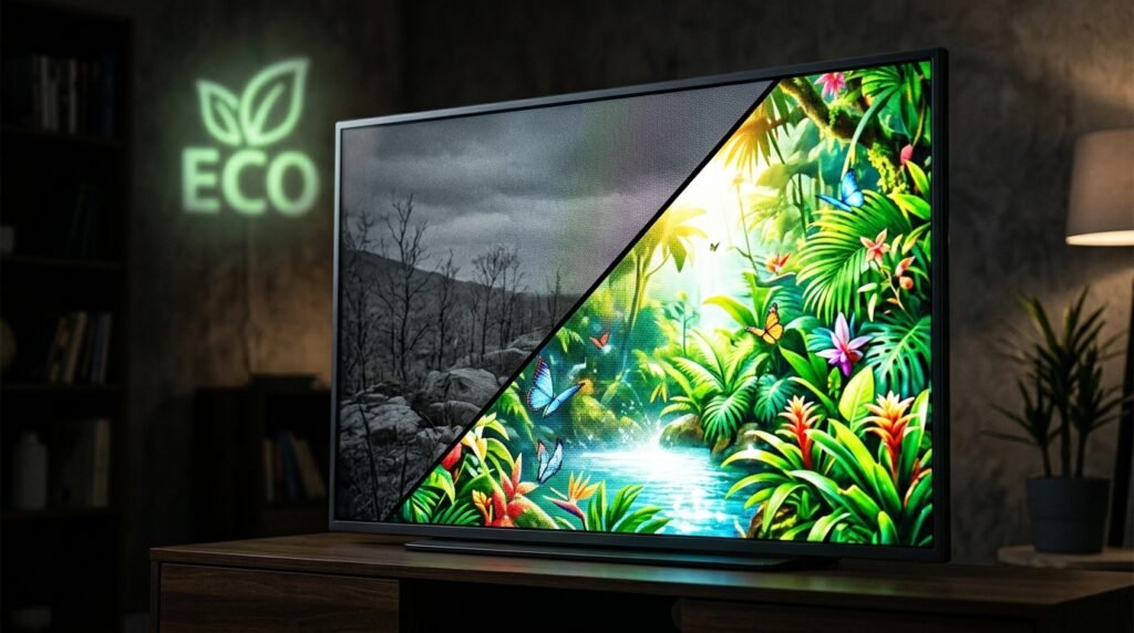 Comparativo na mesma tela de TV entre a imagem morta do modo economia de energia e a imagem viva e colorida normal.