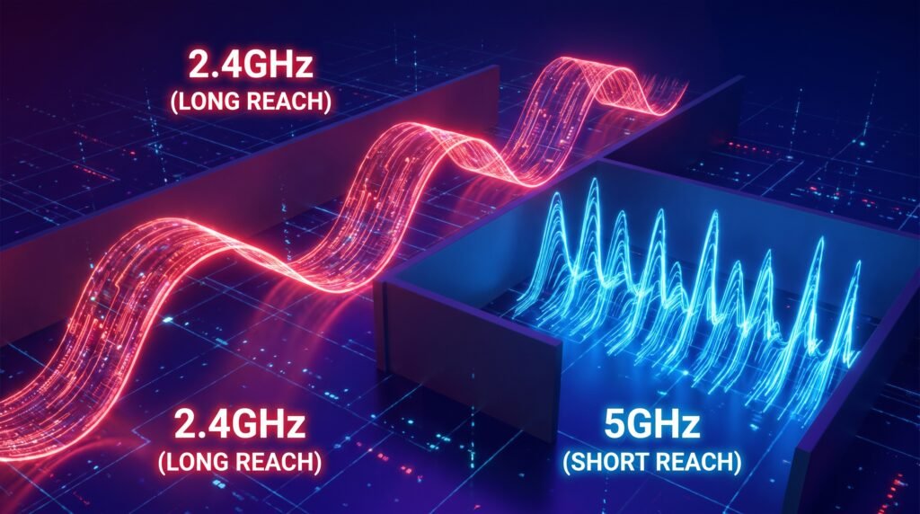 Comparativo visual entre o alcance longo da frequência Wi-Fi 2.4GHz e a velocidade da frequência curta 5GHz.