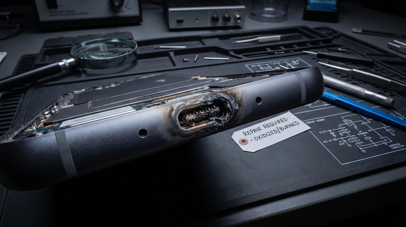 Conector de entrada de porta USB na parte inferior do smartphone exposto sobre uma bancada laboratorial preta de manutenção avançada de assistência técnica