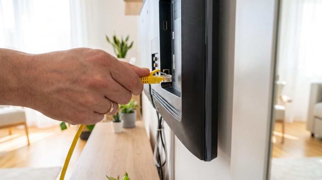 Conexão de um cabo de rede Ethernet na parte traseira da Smart TV para garantir internet mais rápida e estável.