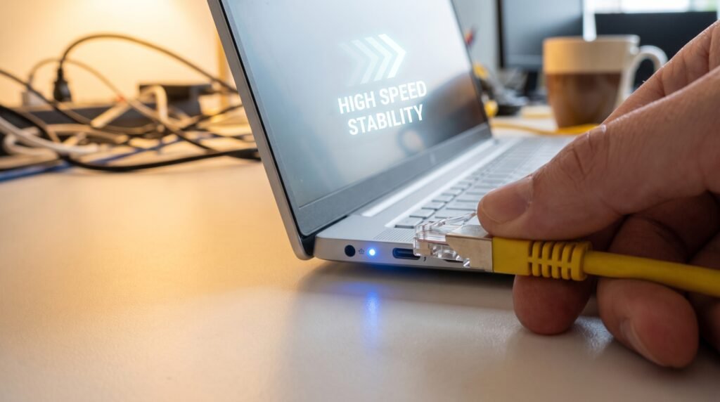 Conexão firme de um cabo de rede Ethernet amarelo na porta do notebook para garantir máxima velocidade de internet.