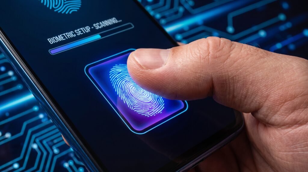 Configuração da segurança de biometria através da leitura de impressão digital na tela do celular novo.