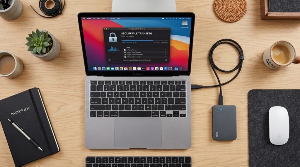 Cópia de segurança emergencial de arquivos críticos do notebook para um HD externo portátil na mesa.