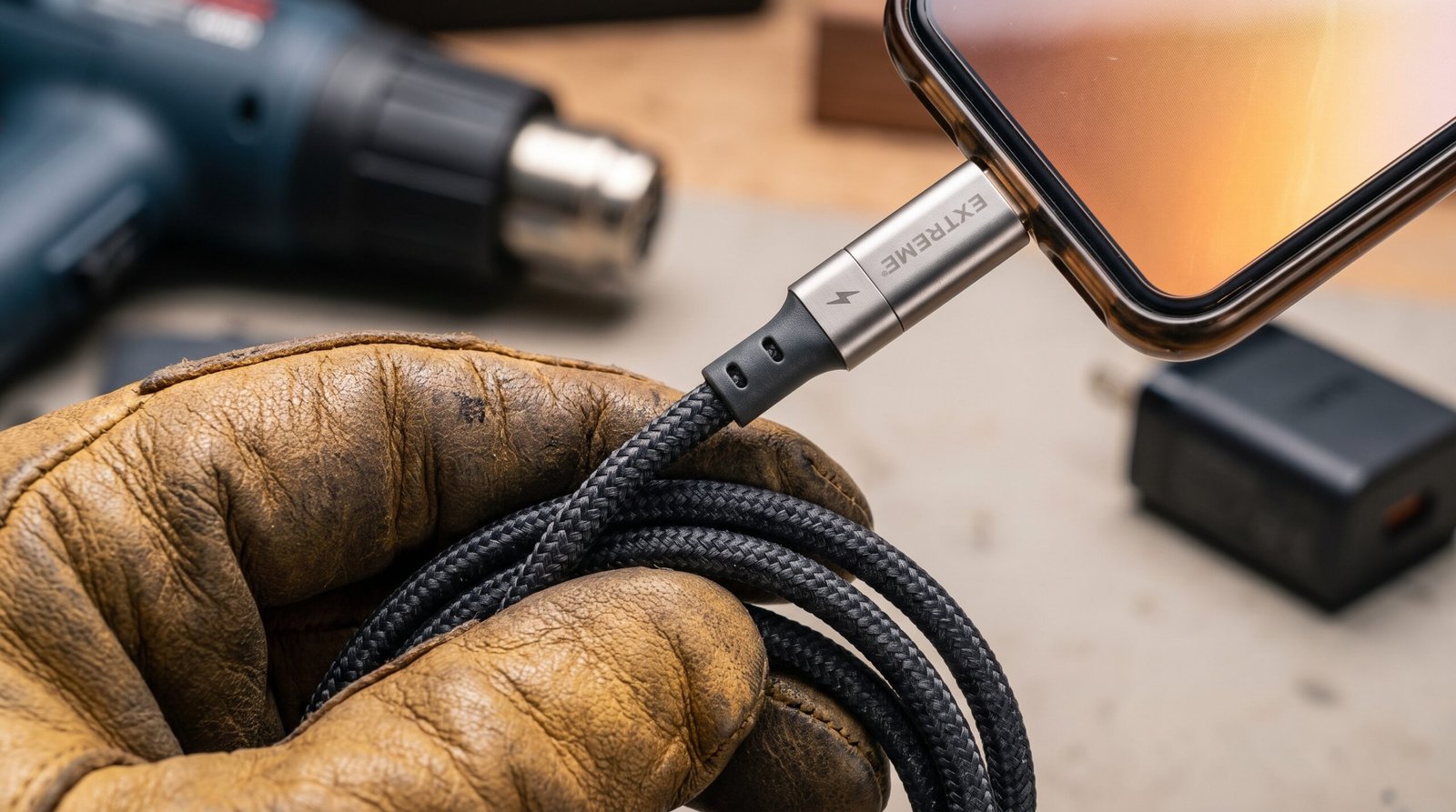 Detalhe macro luxuoso da mão de um usuário segurando firmemente um cabo USB tipo C premium