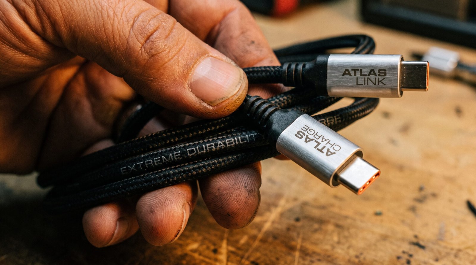 Detalhe macro luxuoso da mão segurando um cabo USB-C de tecido de Nylon preto reforçado com pontas de metal, projetado para durabilidade extrema e carga segura.