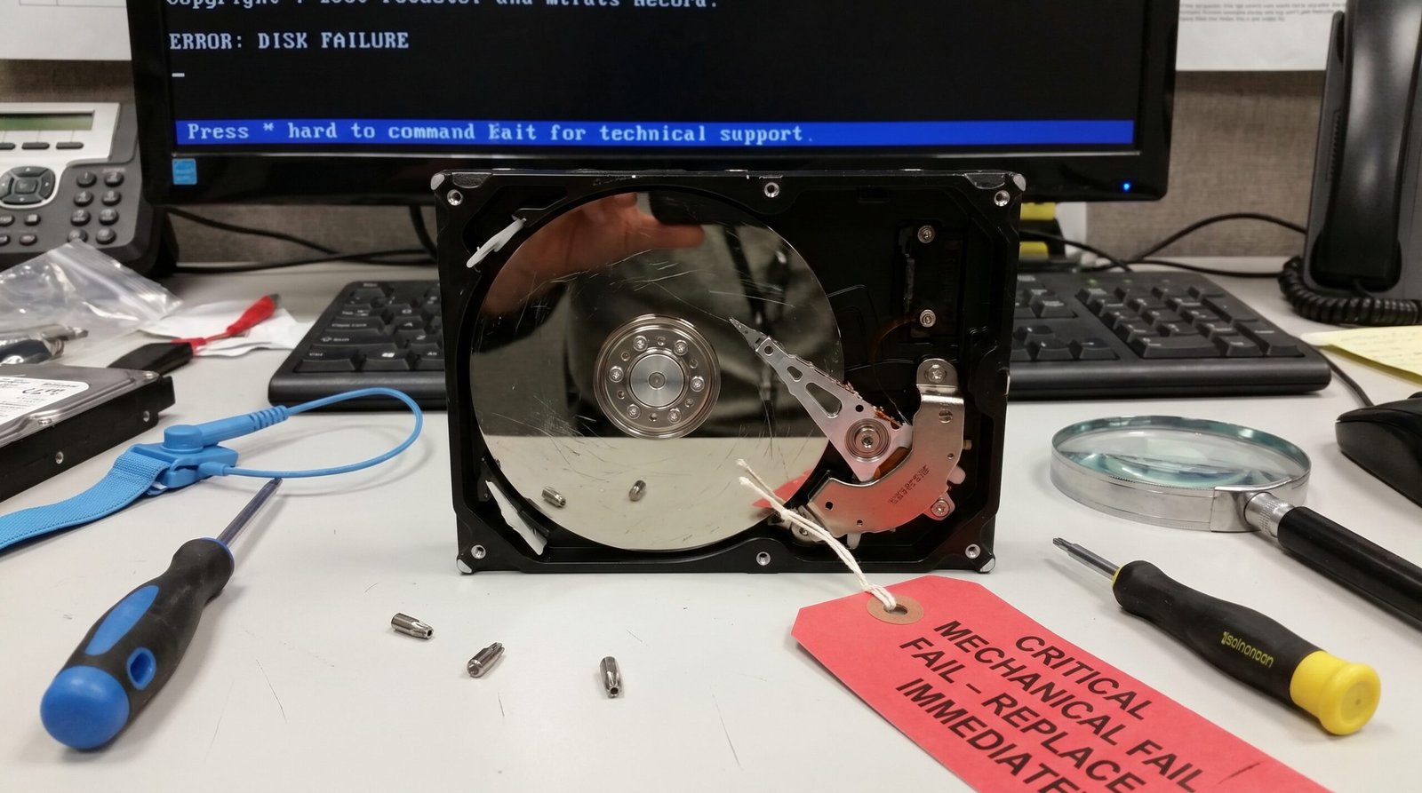 Disco rígido físico de um computador aberto em uma bancada de assistência técnica, indicando dano mecânico que necessita de substituição imediata.