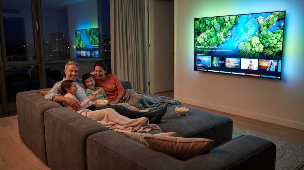 Família feliz e relaxada assistindo a um filme perfeito em uma Smart TV veloz e sem travamentos.