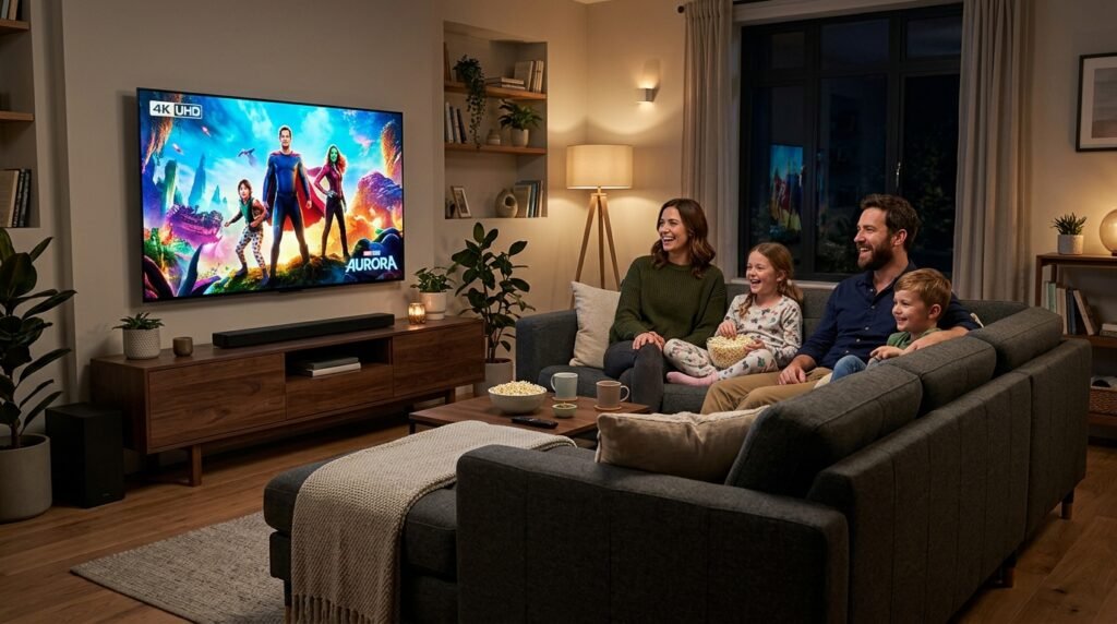 Família feliz e relaxada na sala de estar assistindo a um filme perfeito, nítido e brilhante na Smart TV calibrada.