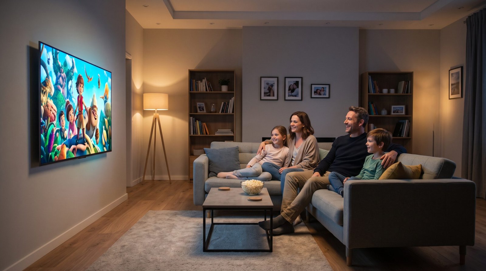Família feliz, relaxada e sorridente no sofá assistindo a um filme 4K perfeito, veloz e sem nenhum travamento na Smart TV da sala.