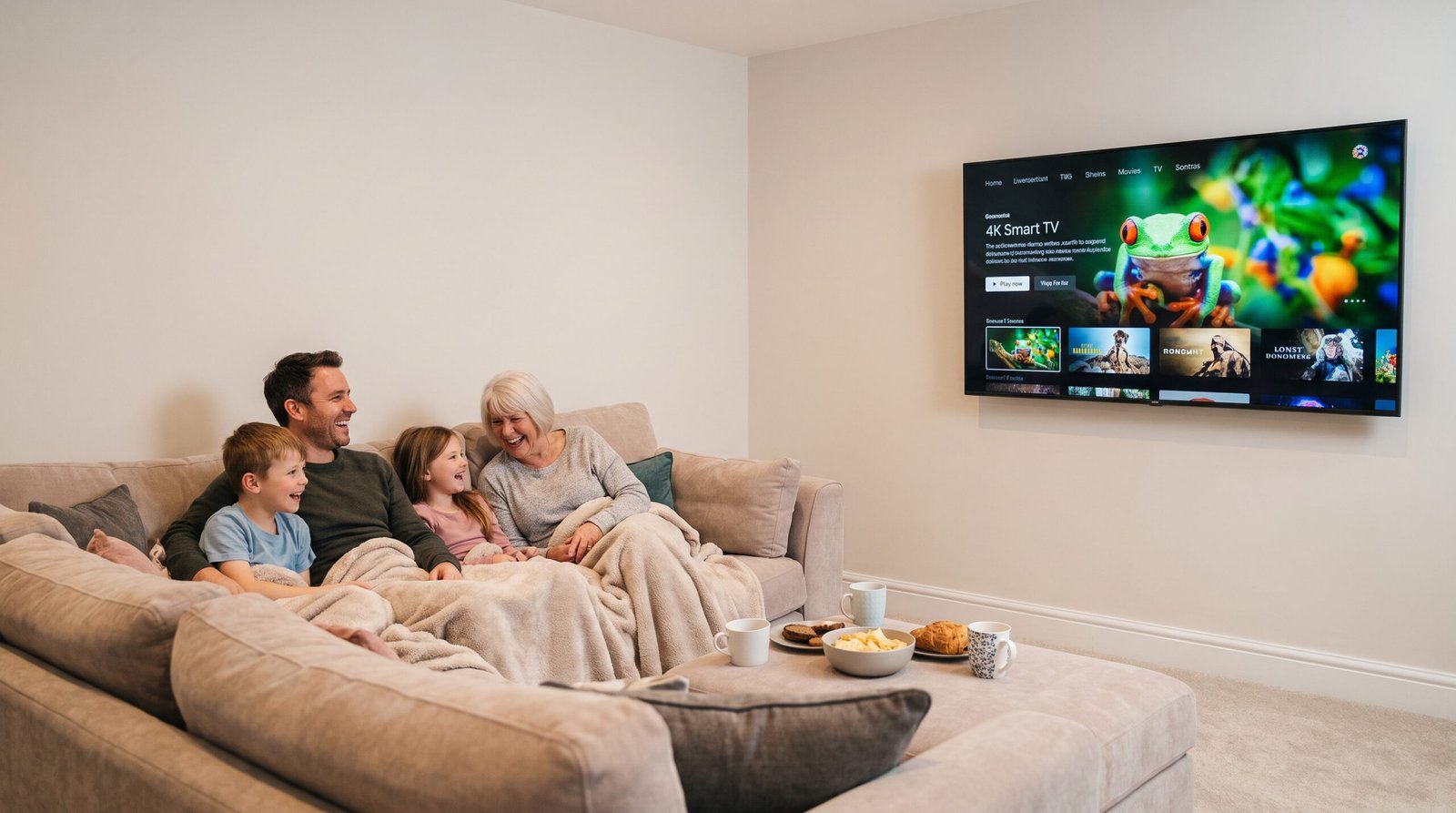 Família feliz, segura e muito relaxada reunida no sofá e assistindo a um belo filme em uma Smart TV moderna com a tela limpa, imagem impecável, vívida e sem nenhuma mancha na parede da sala.