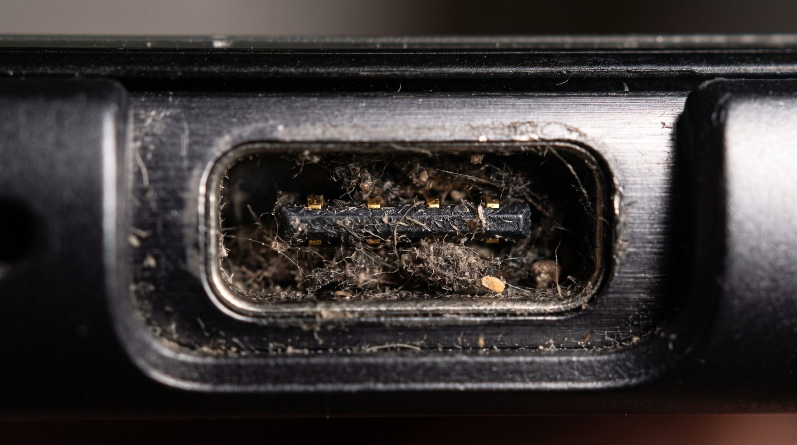 Foco macro ampliado extremo dentro do conector interno inferior USB-C de um celular