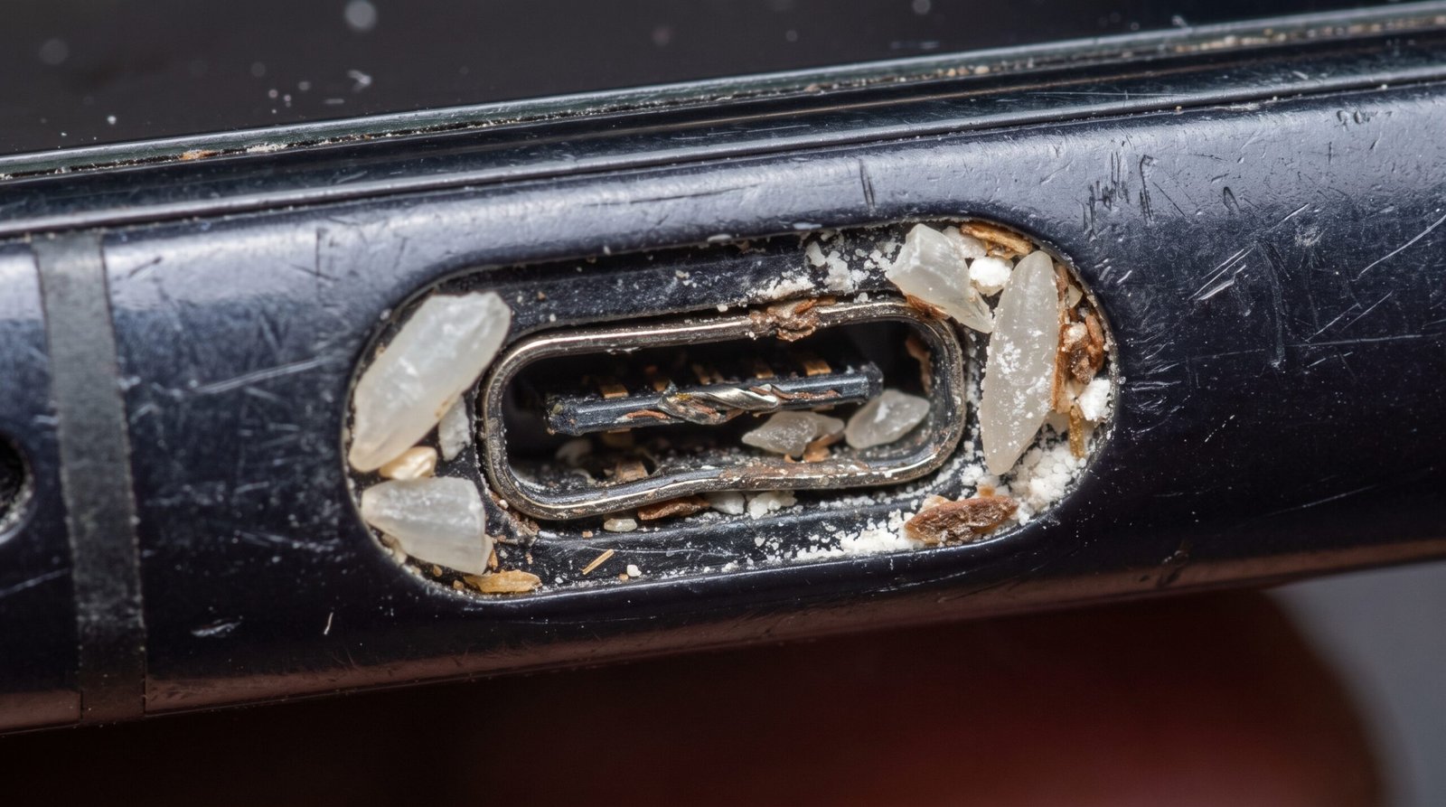 Foto focada na parte de baixo do telefone onde uma porta de carregamento USB do tipo C está totalmente suja, entupida