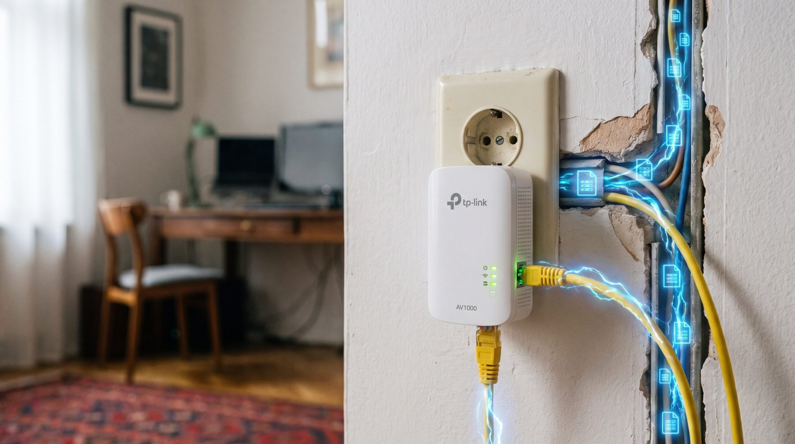 Fotografia detalhada de um adaptador de internet Powerline plugado na tomada com um cabo de rede ethernet amarelo transmitindo internet veloz pela fiação elétrica da parede.